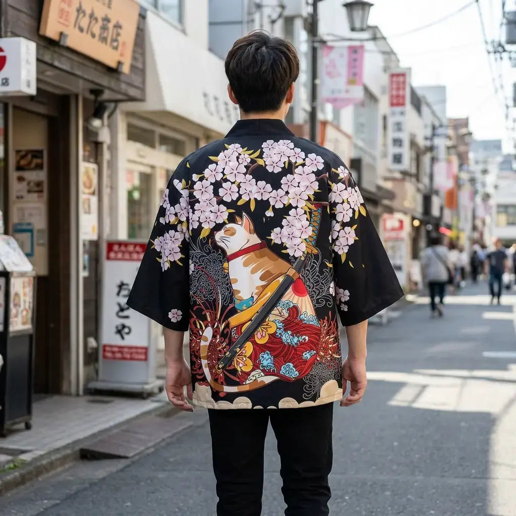 Harajuku Kimono llevado por un hombre en una habitación japonesa tradicional, vista frontal