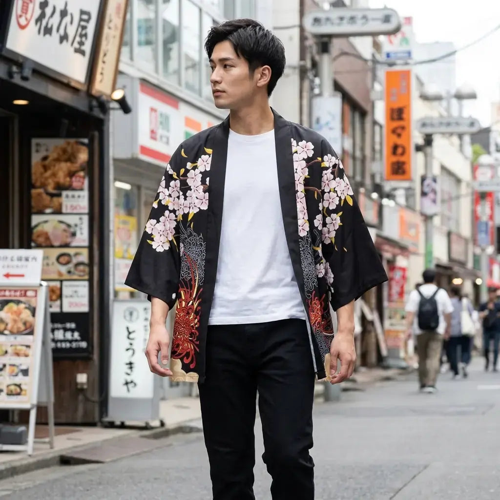Harajuku Kimono llevado por un hombre en una habitación japonesa tradicional, vista frontal