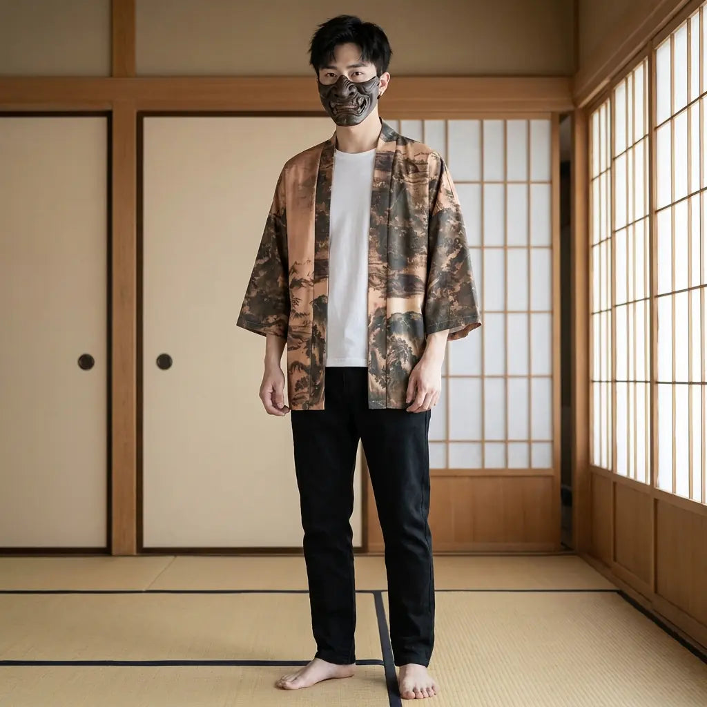 Hombre luciendo una chaqueta kimono haori en un washitsu tradicional japonés