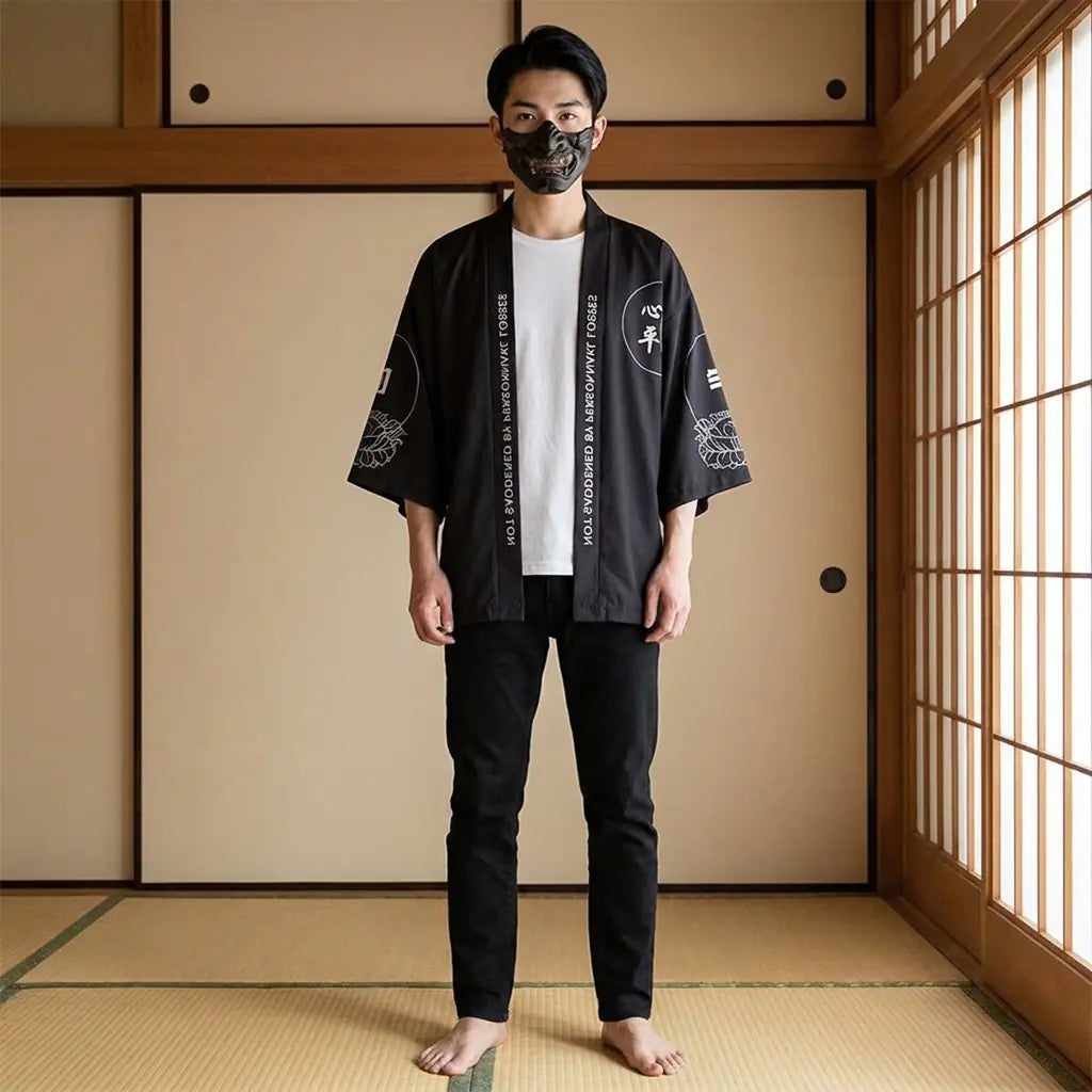 Hombre con chaqueta kimono haori en un salón tradicional japonés