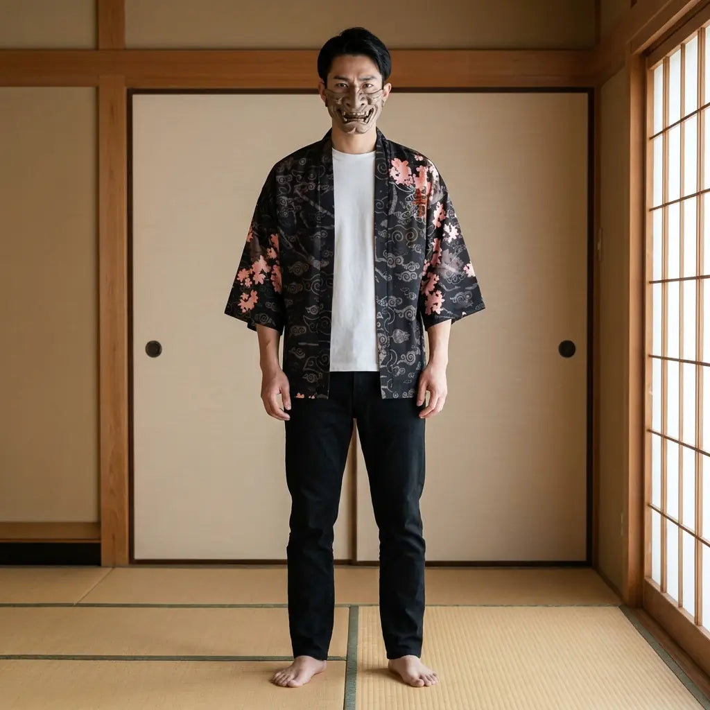 Hombre con chaqueta kimono haori en una sala tradicional washitsu japonesa, vista frontal