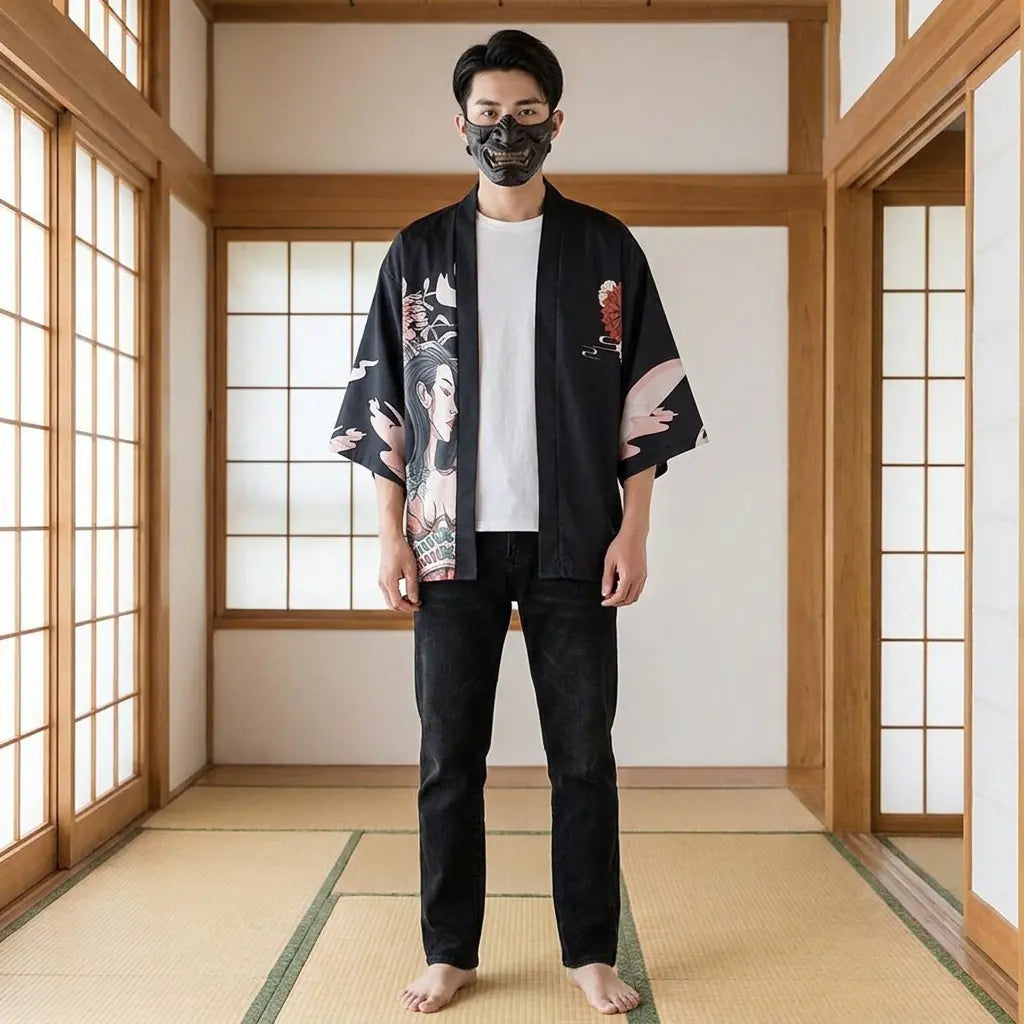Hombre con una chaqueta kimono haori en una sala washitsu tradicional japonesa, vista frontal