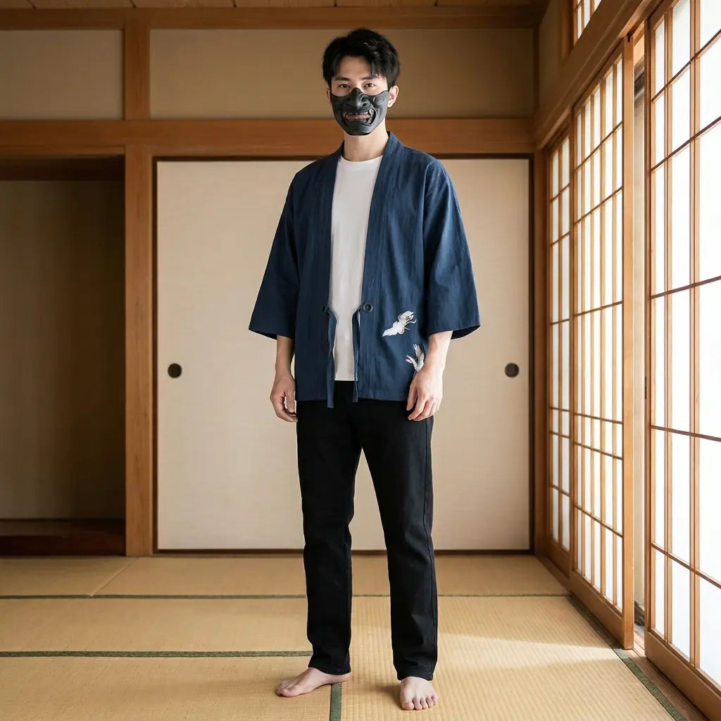 Hombre con una chaqueta kimono haori en una sala washitsu tradicional japonesa, vista frontal
