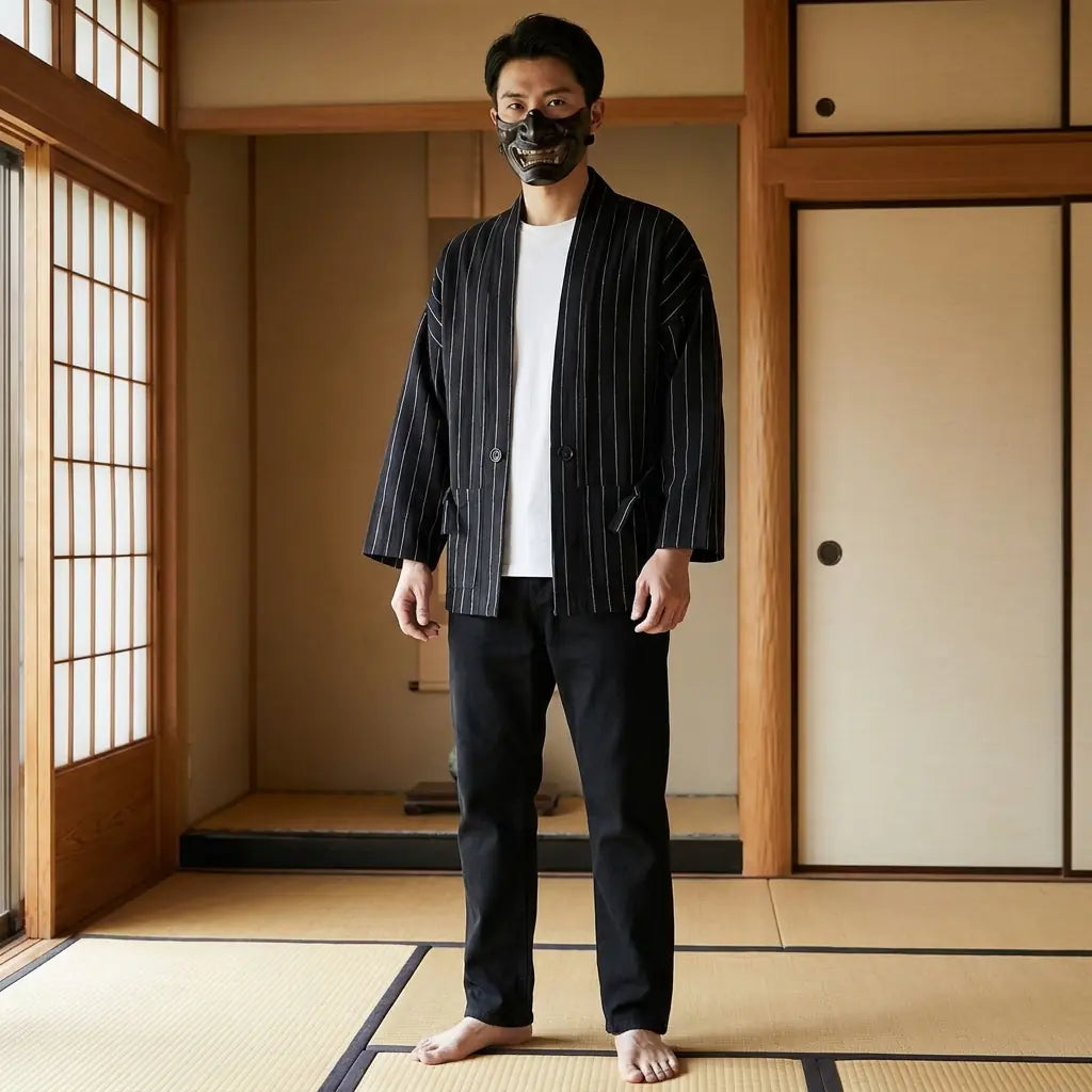 Hombre luciendo una chaqueta kimono japonesa en una sala washitsu tradicional, vista frontal