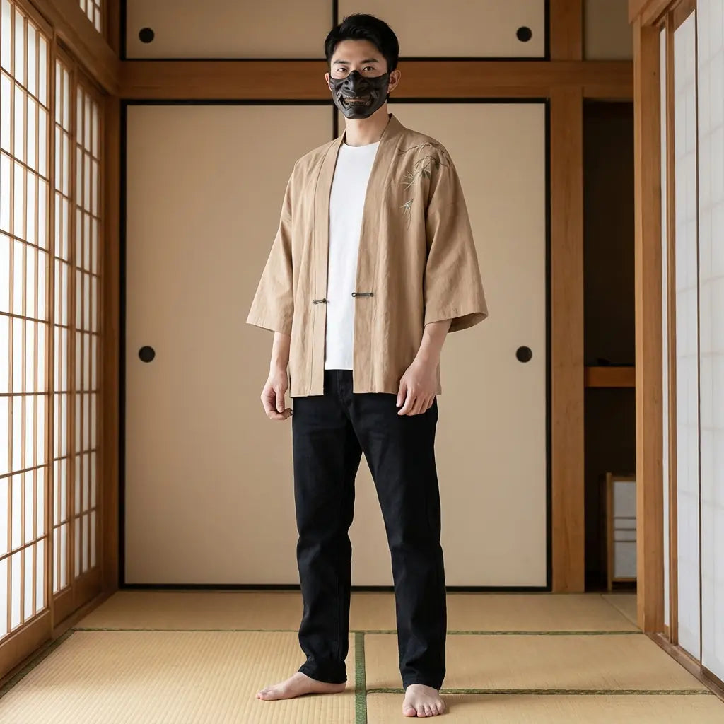 Hombre con una chaqueta kimono japonesa tradicional en una sala washitsu, vista frontal