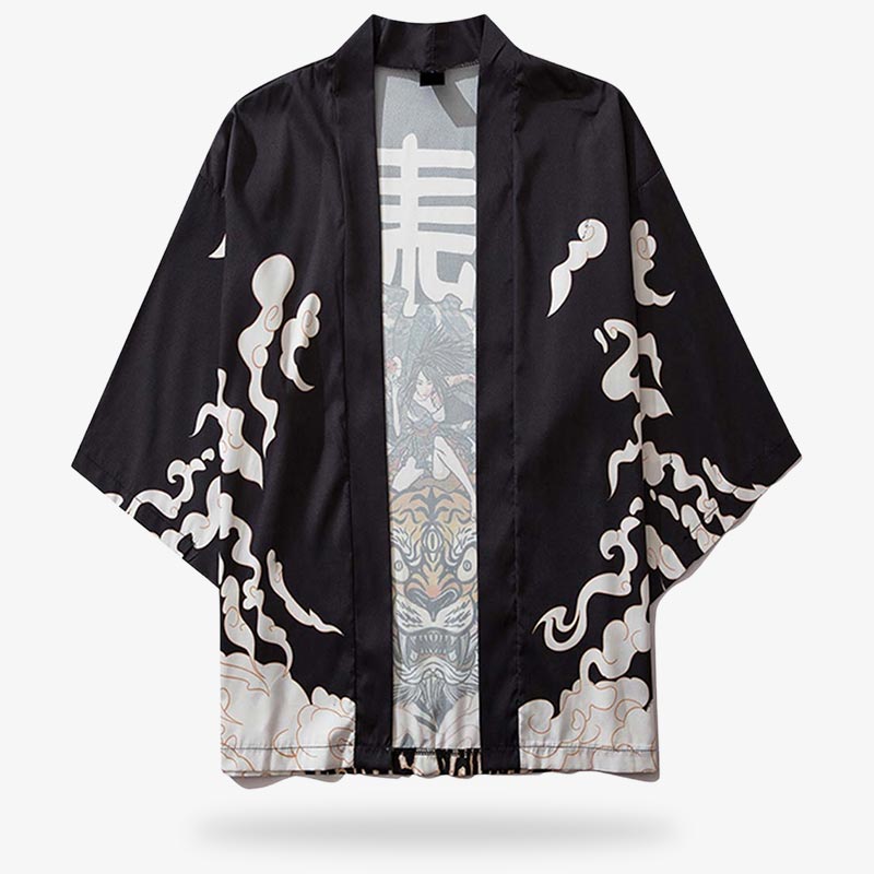 Chaqueta kimono japonesa negra con estampado de tigre y motivos tradicionales