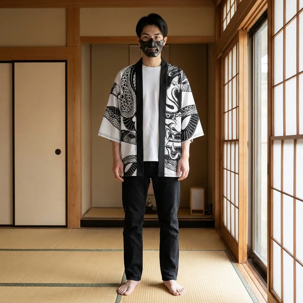Hombre con un haori Hannya en una sala washitsu tradicional japonesa, vista frontal