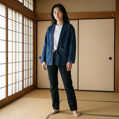 Mujer con haori azul en una sala washitsu con tatami y paneles shoji