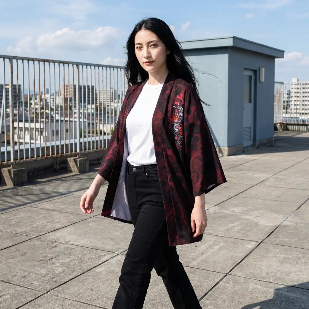 Chaqueta kimono con lobo samurái vista en una terraza urbana, el estampado cubre mangas y espalda