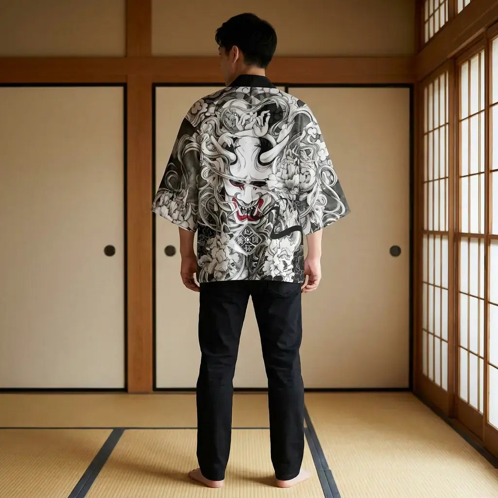 Chaqueta Kimono Haori visto por la espalda, con el estampado completo