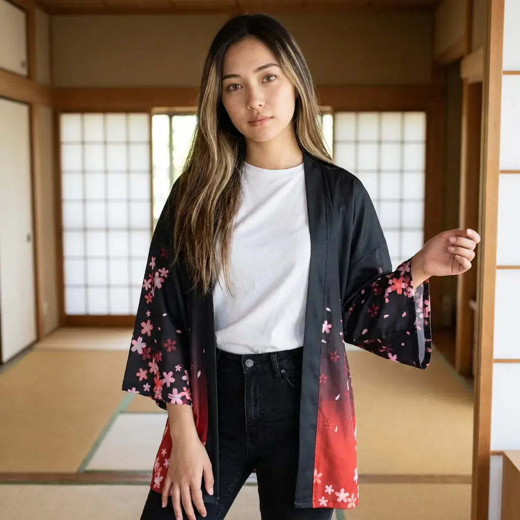 Chaqueta Kimono Mujer llevado por un hombre en una habitación japonesa tradicional, vista frontal