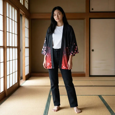 Chaqueta Kimono Mujer llevado por una mujer en una habitación japonesa tradicional