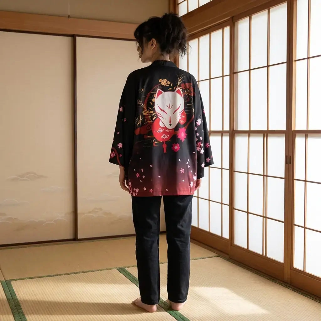 Chaqueta Kimono Mujer llevado por un hombre en una habitación japonesa tradicional, vista frontal