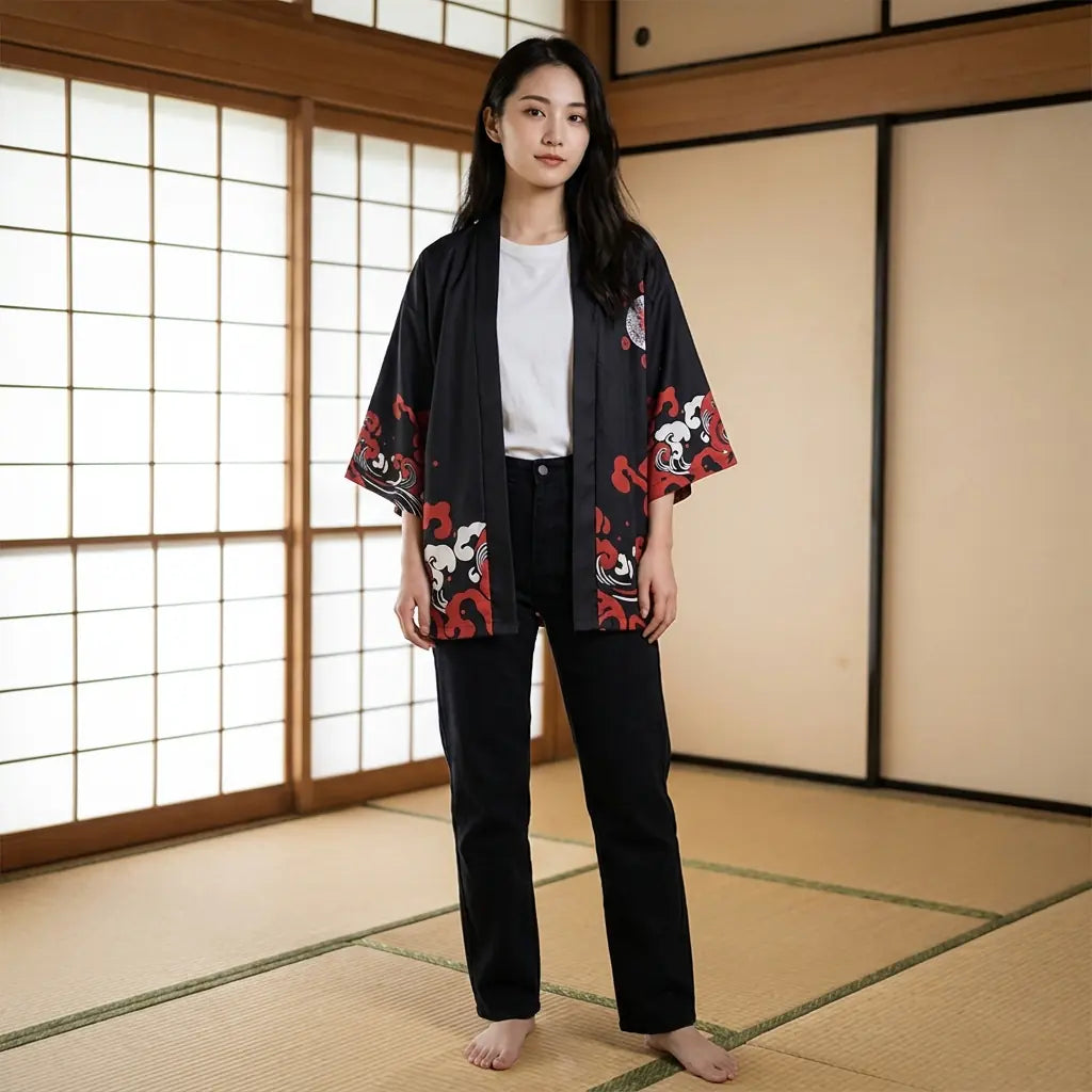 Mujer con una chaqueta kimono mujer en una habitación washitsu con tatami y paneles shoji