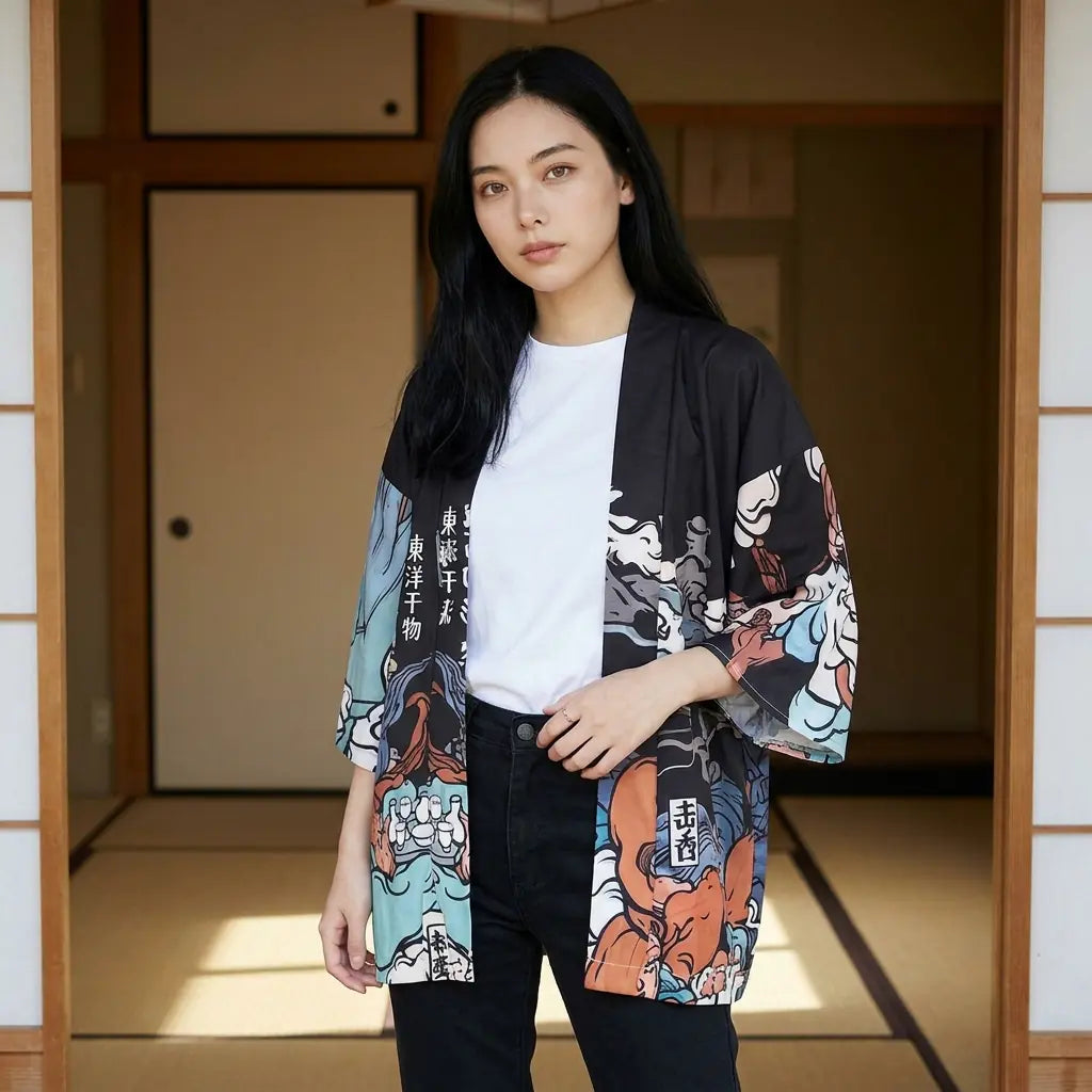 Chaqueta kimono mujer con estampado de espíritu zorro en la manga