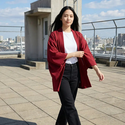 Chaqueta kimono roja abierta, fotografiada en una azotea de la ciudad