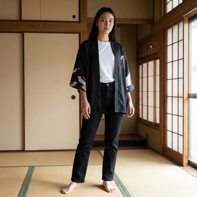 Chaqueta kimono ukiyo-e llevada abierta en una sala con tatami, con la figura estampada extendiéndose por la espalda