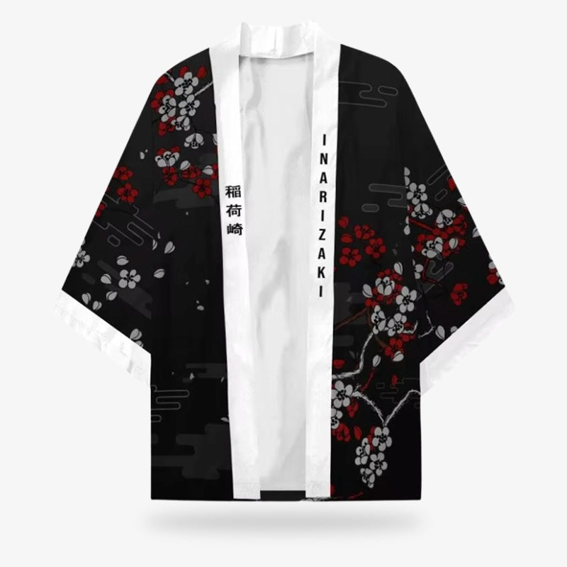 Esta chaqueta kimono-zorro japones  es un chaqueta haori negra adornada con detallados diseños de kitsune, perfecto para celebraciones culturales o para marcar tendencia. Los motivos de flores de sakura están estampados sobre un tejido de poliéster y algodón de alta calidad.