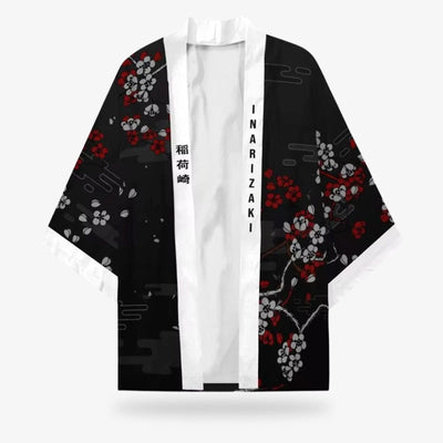 Esta chaqueta kimono-zorro japones  es un chaqueta haori negra adornada con detallados diseños de kitsune, perfecto para celebraciones culturales o para marcar tendencia. Los motivos de flores de sakura están estampados sobre un tejido de poliéster y algodón de alta calidad.