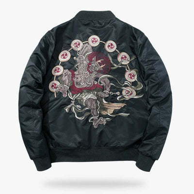 Chaqueta souvenir japonesa negra sukajan bordada con motivo de dios japonés