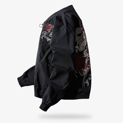 Chaqueta souvenir japonesa negra con bordado floral y de dragón