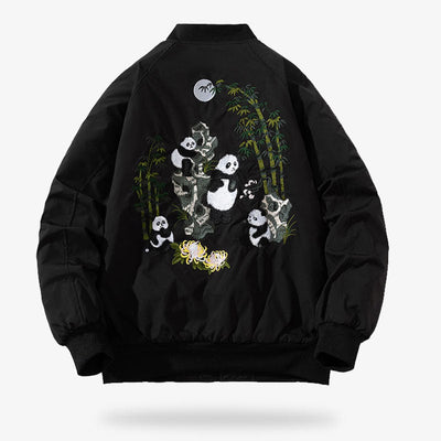 Chaqueta souvenir japonesa negra sukajan con panda bordado a mano