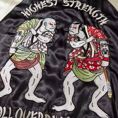 Bordado japonés representando dos luchadores de sumo enfrentados en una chaqueta souvenir