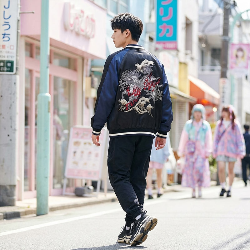 Persona con chaqueta souvenir negra con diseño de Kirin caminando por una calle de Harajuku