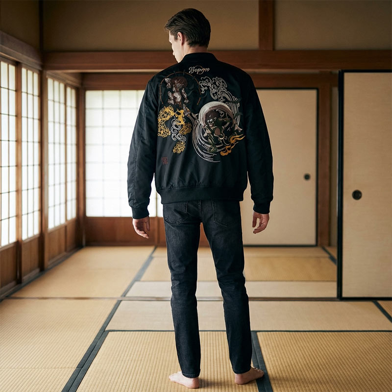 Hombre con una chaqueta souvenir sukajan de Raijin y Fujin en una sala tradicional japonesa