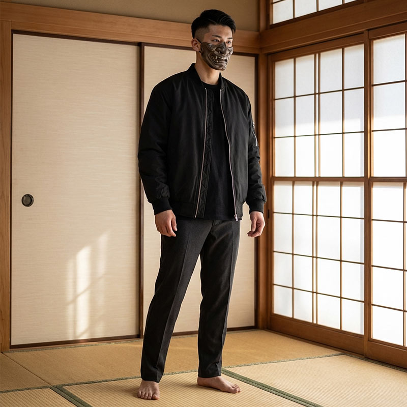Chaqueta souvenir sukajan negra a juego con pantalón en interior japonés