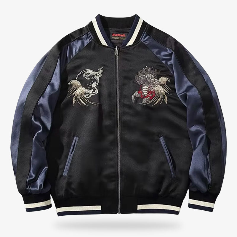 Chaqueta sukajan bomber azul con diseños detallados inspirados en Japón