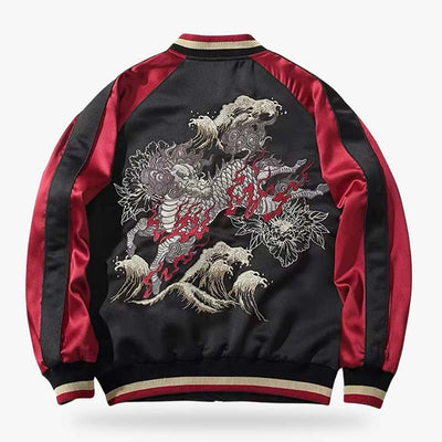 Chaqueta sukajan estilo japonés bordada con un Kirin, criatura mítica del sintoísmo, símbolo de prosperidad y protección