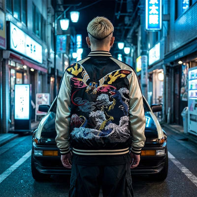 Chaqueta sukajan bordada con Godzilla y la Gran Ola de Kanagawa