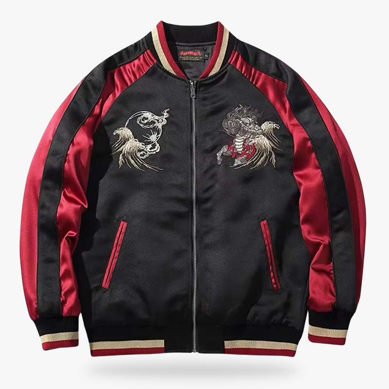 Chaqueta bomber sukajan de hombre con un detallado diseño de Kirin, inspirado en la mitología sintoísta y el arte tradicional japonés