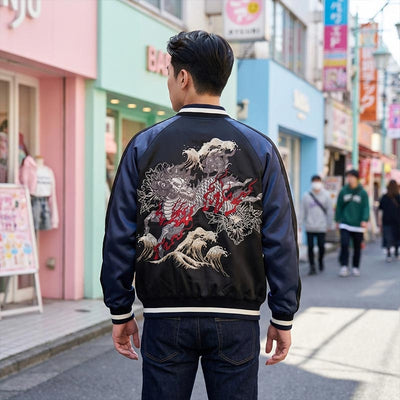Hombre luciendo una chaqueta sukajan azul con diseño Kirin en una calle de Harajuku