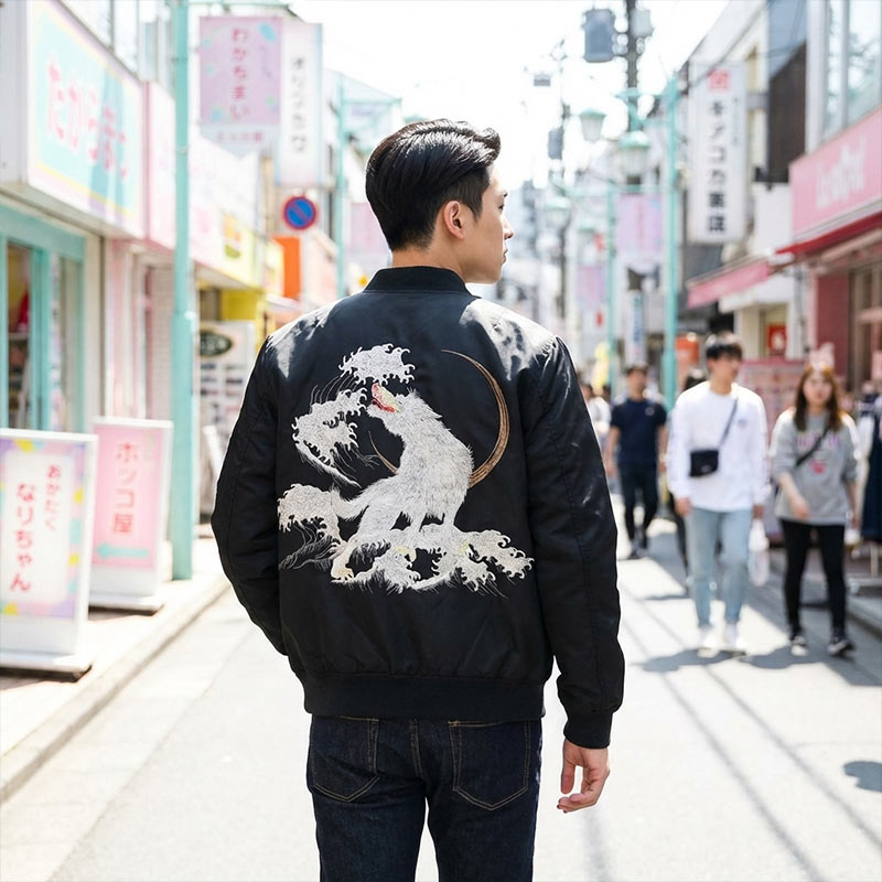 Hombre con chaqueta sukajan negra bordada con un lobo blanco en una calle japonesa