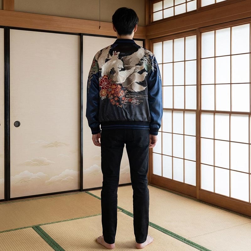 Persona luciendo una chaqueta sukajan lobo con bordado tradicional en una sala con tatami