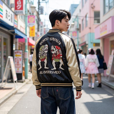 Chaqueta Sukajan Sumo bordada en estilo vintage sobre fondo urbano