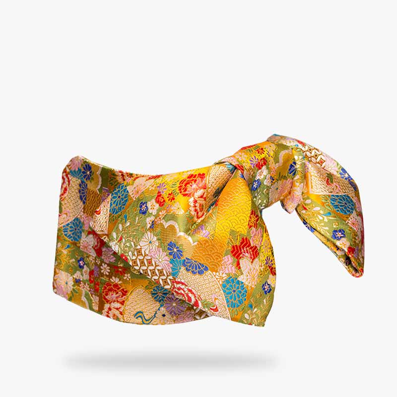 Cinturón obi amarillo bordado con motivos florales para kimono japonés
