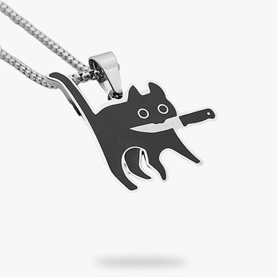 Colgante de joyería japonesa kawaii con gatito negro colgando de cadena plateada