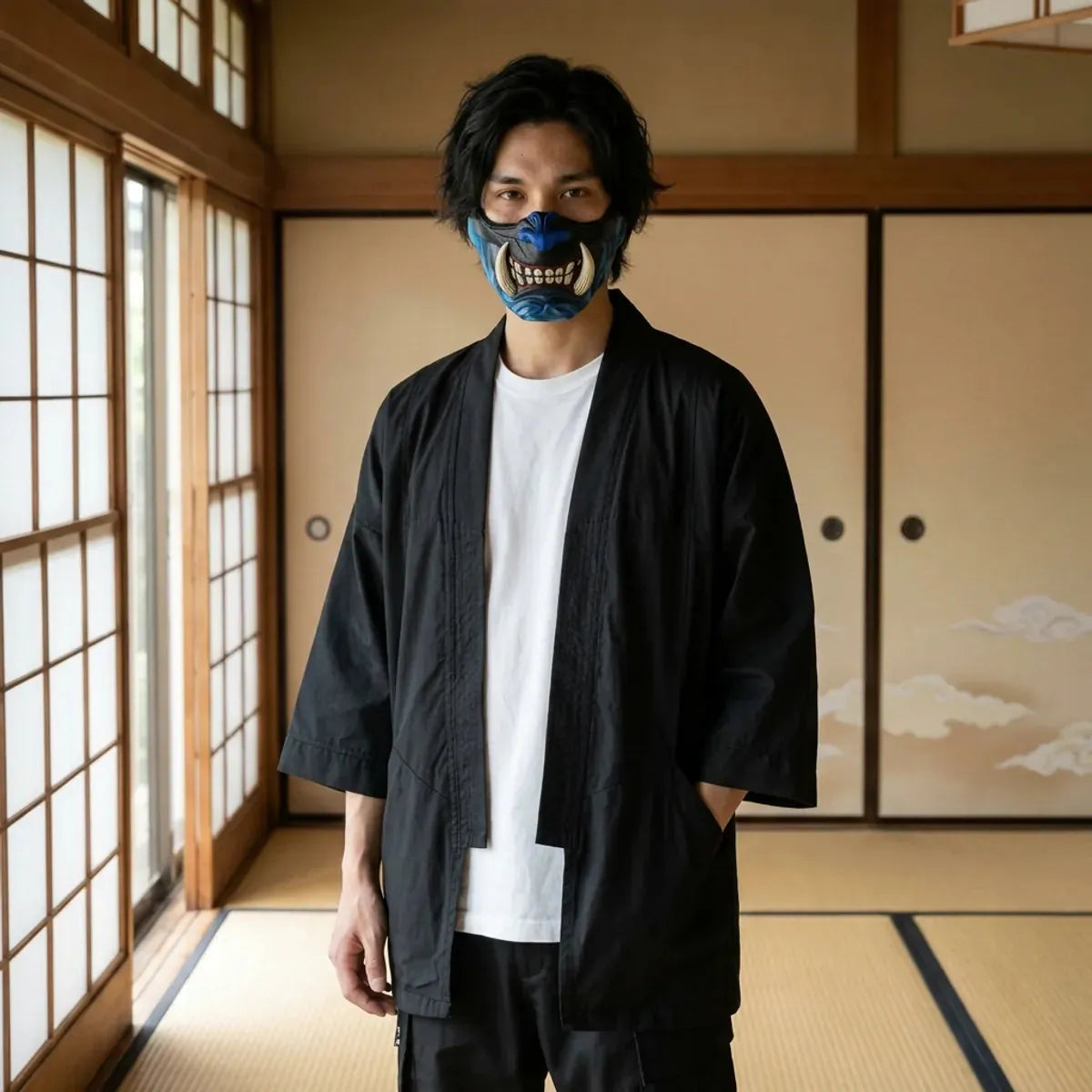 Media máscara oni azul con colmillos de marfil usada en una habitación japonesa con tatami