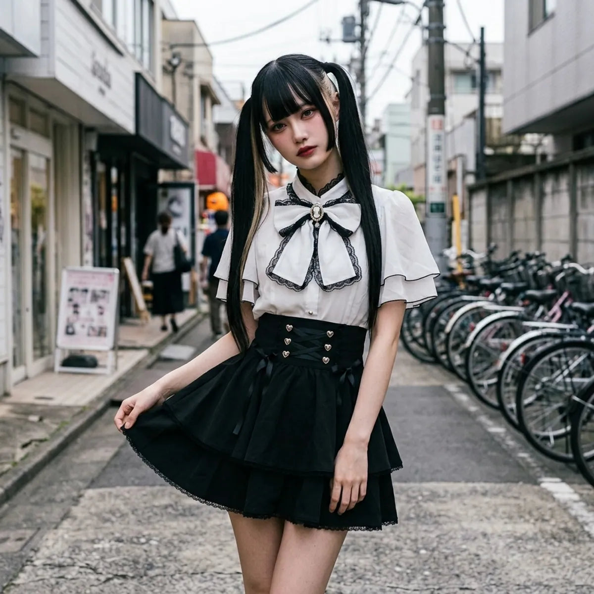 El conjunto japones kawaii de dos piezas visto de frente en una calleja de Harajuku, blusa y falda juntas