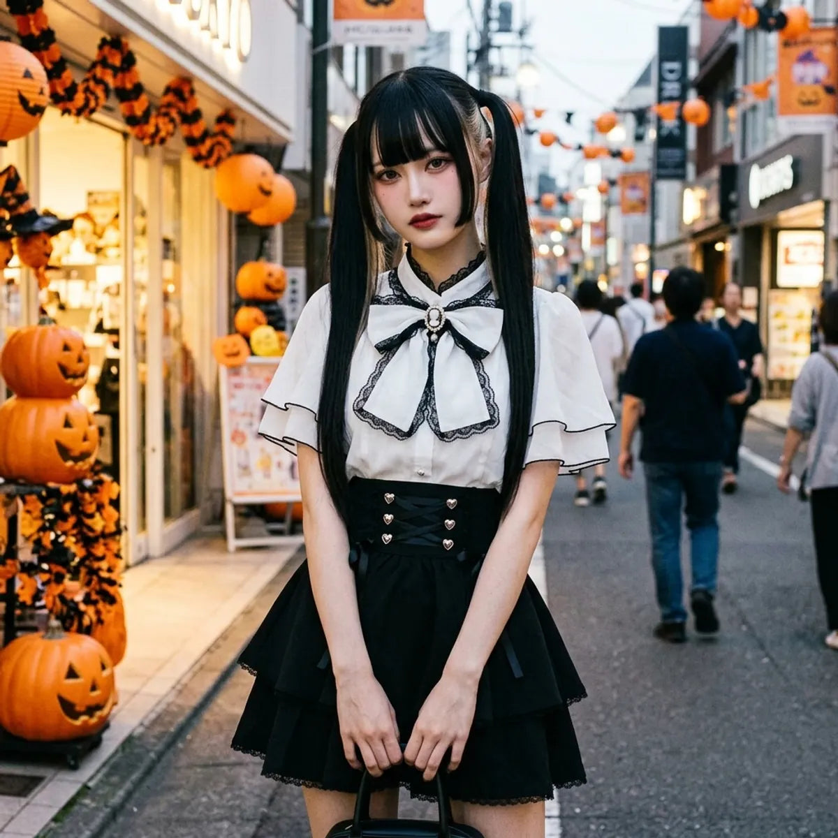 Conjunto jirai kei lucido en una calle de Tokio en Halloween, con calabazas talladas y farolillos naranjas detras