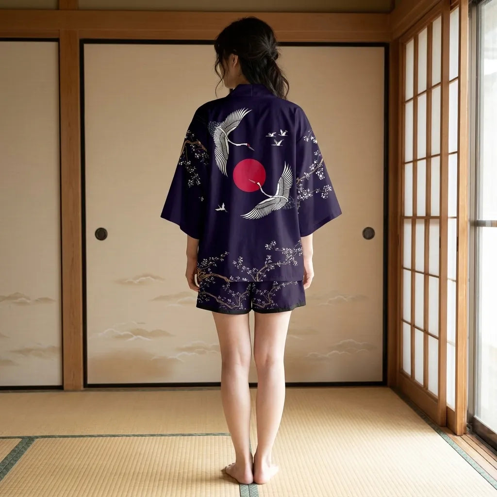 Vista trasera del short y la chaqueta kimono a juego