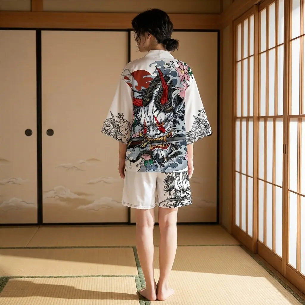 Espalda del conjunto kimono hombre con estampado japonés