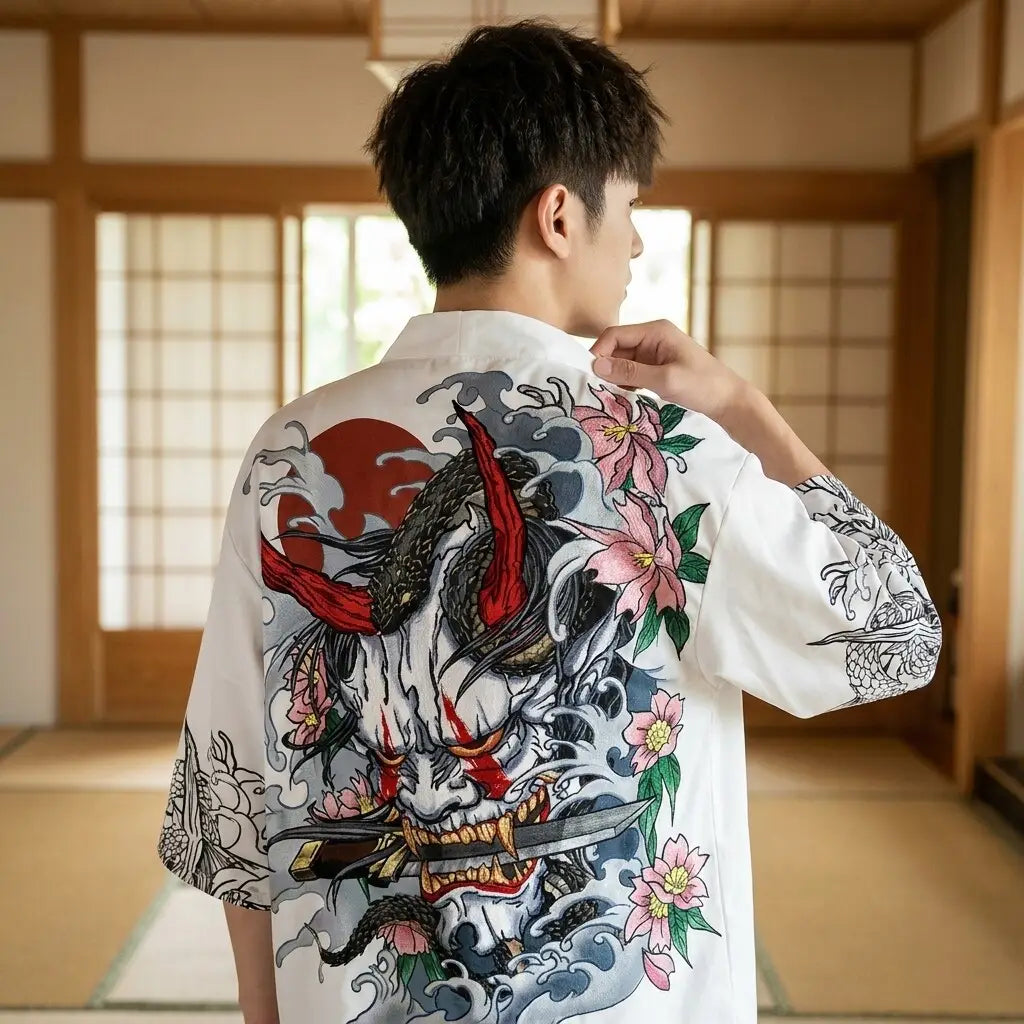 Detalle trasero del conjunto kimono hombre con motivo Oni