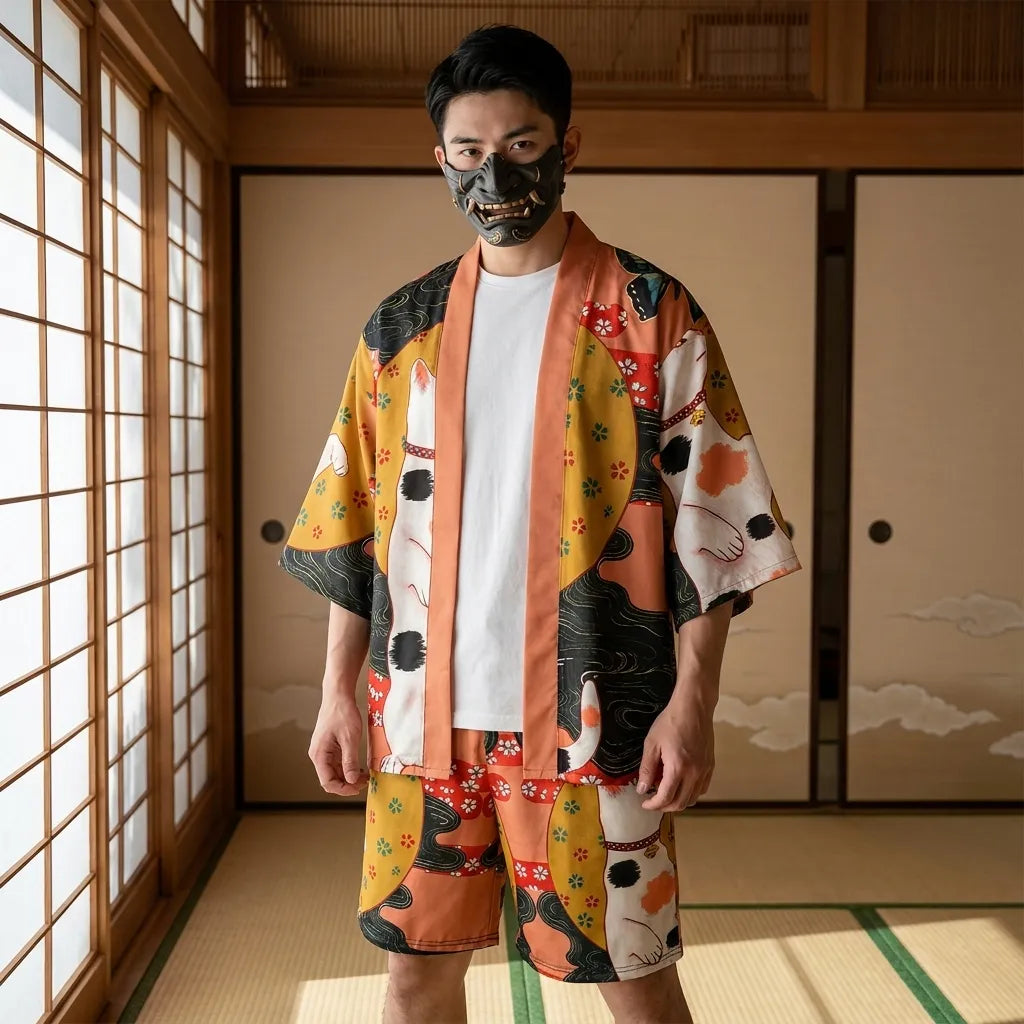 Conjunto kimono hombre con chaqueta haori y pantalón corto