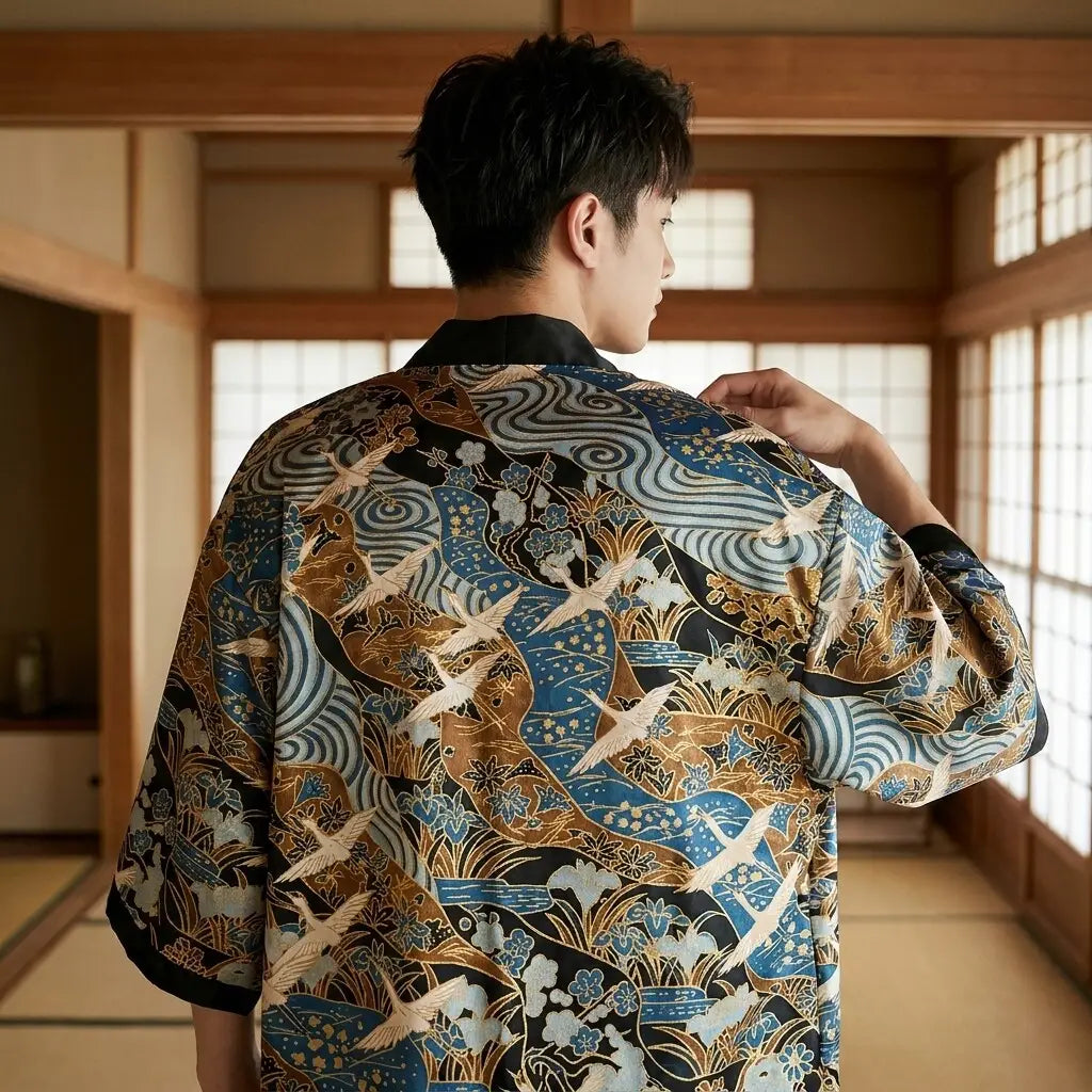 Conjunto kimono japonés hombre visto de espalda