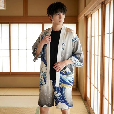 Chaqueta kimono oversize con estampado de la Gran Ola