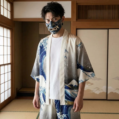 Conjunto kimono con estampado de olas visto de frente